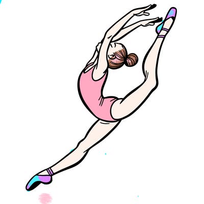 gymnast doing a leap in a leotard with a bent back leg