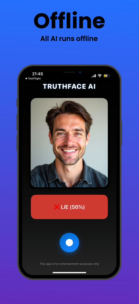 TruthFace AI: Face Analyzer - Interfaz de la aplicación TruthFace AI que muestra análisis facial sin conexión y resultados de detección de mentiras