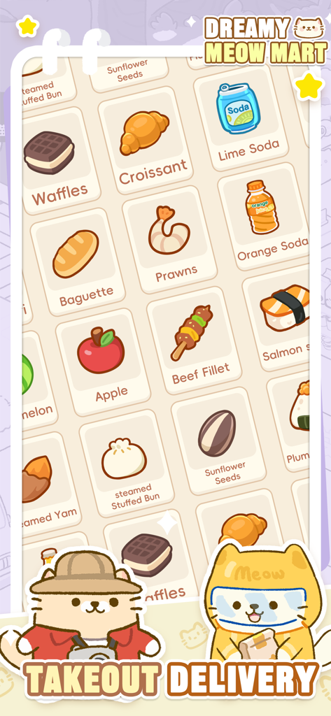 A menu of cute food and drink items for takeout delivery in the Dreamy Meow Mart app with two cat characters at the bottom.