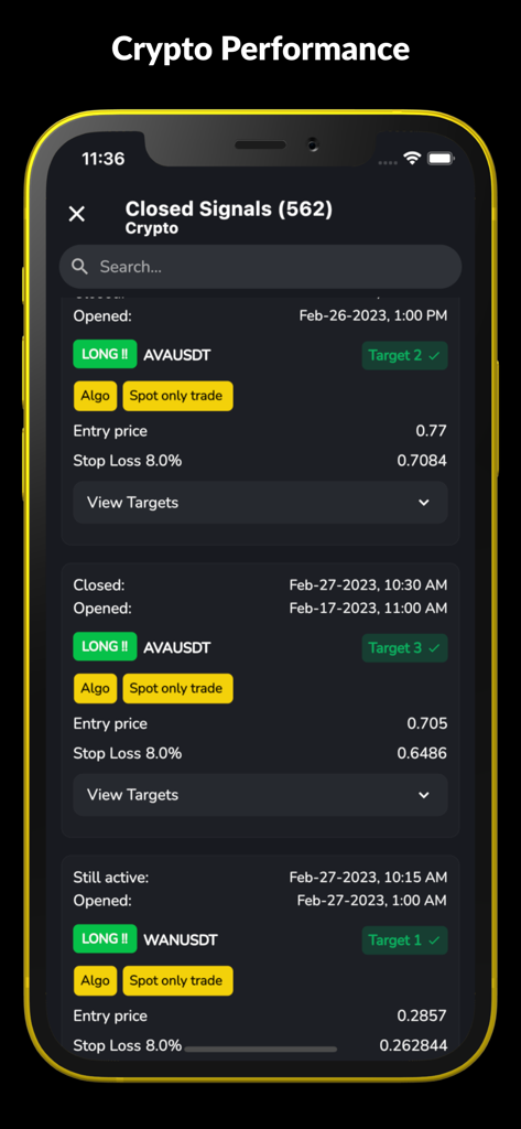 Tela do aplicativo Signalbyt mostrando um histórico de sinais de trading de criptomoedas fechados