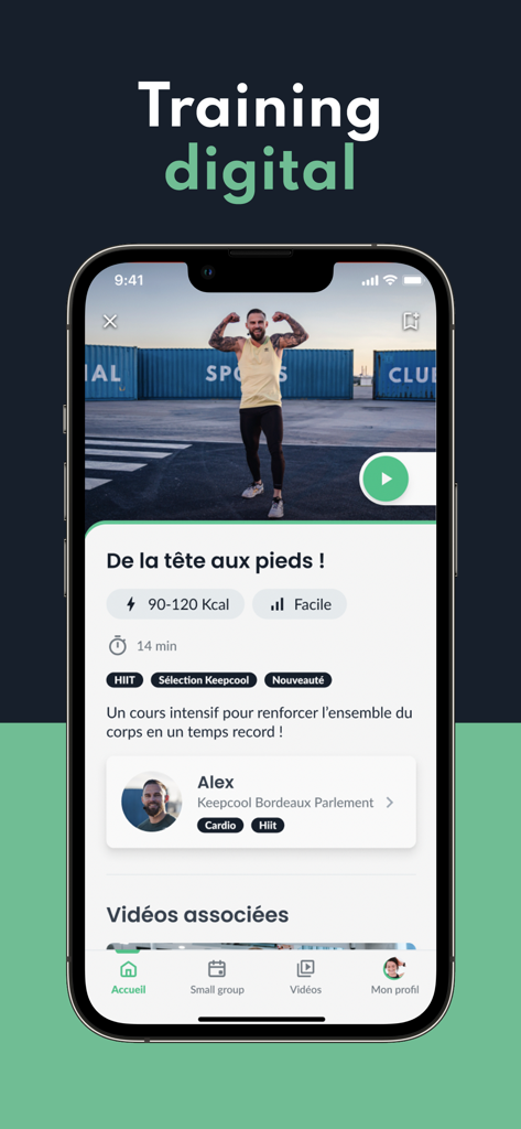 Keepcool app digital training screen featuring a HIIT workout video with coach Alex
