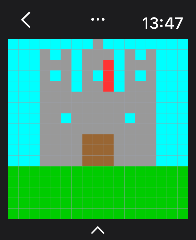 Pixel Art - Grid Doodle Mini - Eine einfache 8-Bit-Pixelkunstzeichnung einer grauen Burg auf einem grünen Feld mit blauem Himmel.