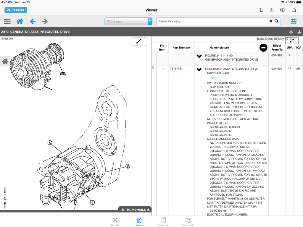Schema tecnico e catalogo ricambi per un gruppo generatore nell'app Boeing Toolbox