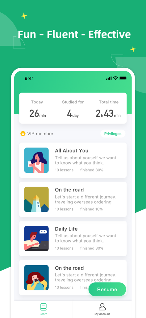 Dashboard dell'app HelloTalk English Talk che mostra statistiche di studio e moduli di corsi di lingua.