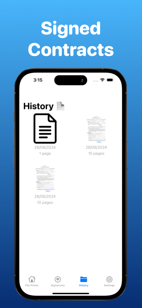 Signature Maker - eSign PDF - Oberfläche der Signature Maker App mit einer Liste der unterzeichneten PDF-Verträge