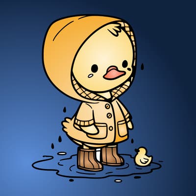 baby duck in a rain coat and boots, in a puddle while it’s raining