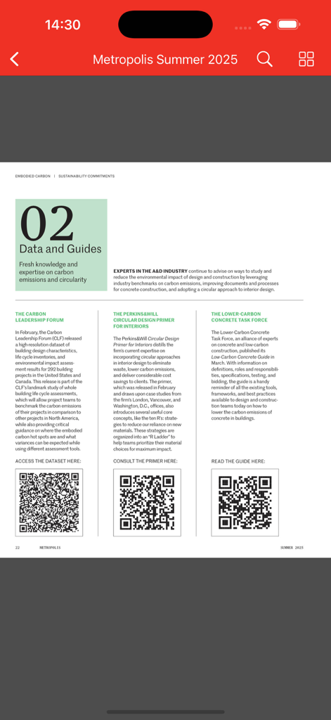 Digital magazine page in the Metropolis Mag app discussing sustainability data and guides for architects.