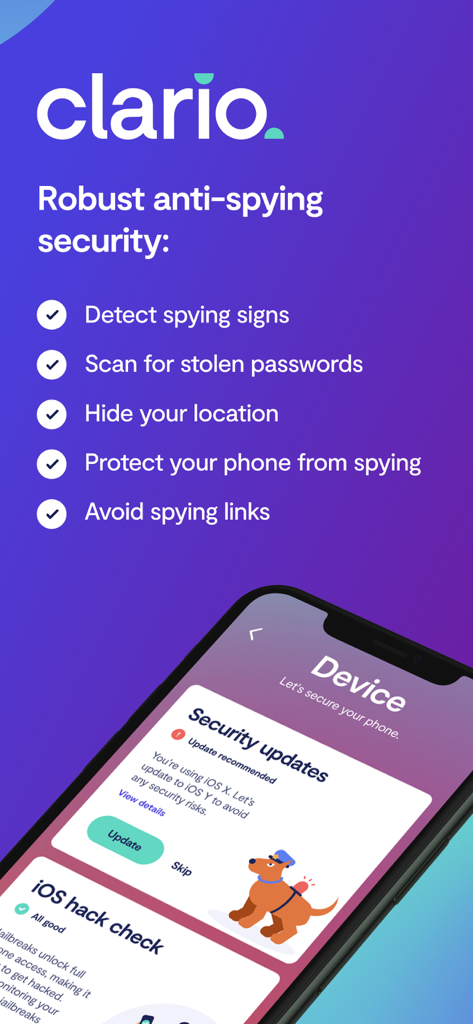 Clarioアプリのインターフェースで、堅牢なスパイ対策セキュリティ機能が表示されています。