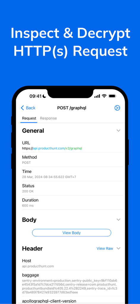 Proxyman - Capture HTTPS - iPhone에서 Proxyman 모바일 앱 인터페이스의 상세 HTTPS 요청 검사 및 복호화
