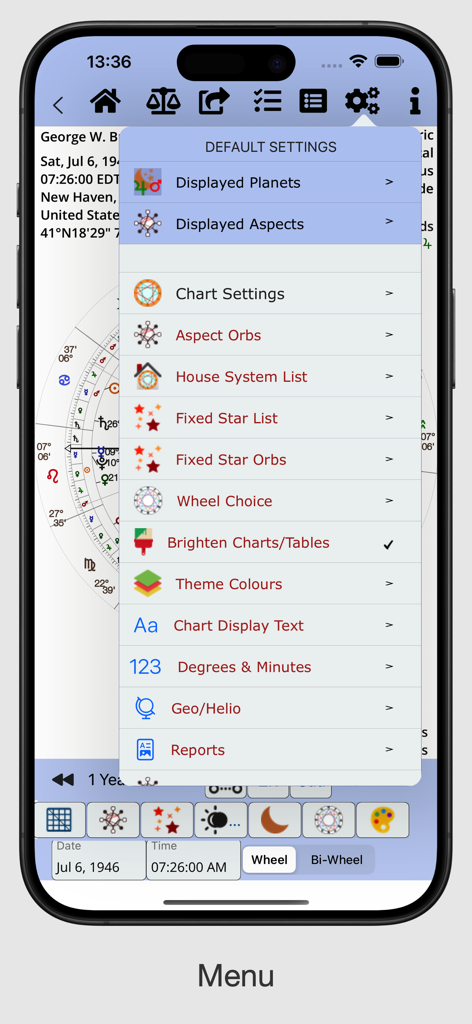 AstroConnexions for iPhone - Default settings menu of the AstroConnexions app on iPhone showing astrological customization options