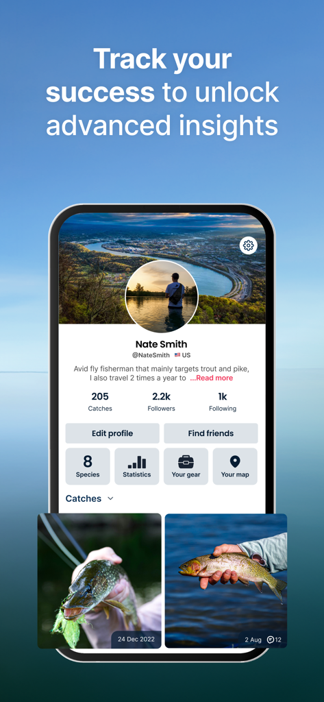 Fishbrain - Fishing App - A mobile app profile screen showing fishing statistics catch counts and logged photos