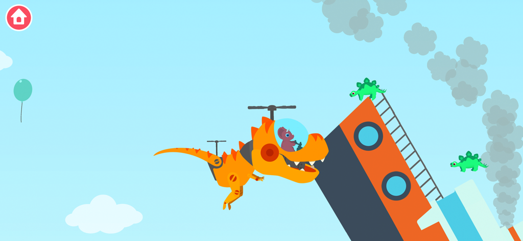 A dinosaur piloting a T-Rex shaped helicopter to rescue other dinosaurs from a sinking ship