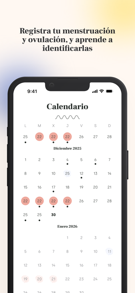 Cicla · Calendario menstrual - A smartphone displaying the Cicla app menstrual calendar with highlighted cycle dates.
