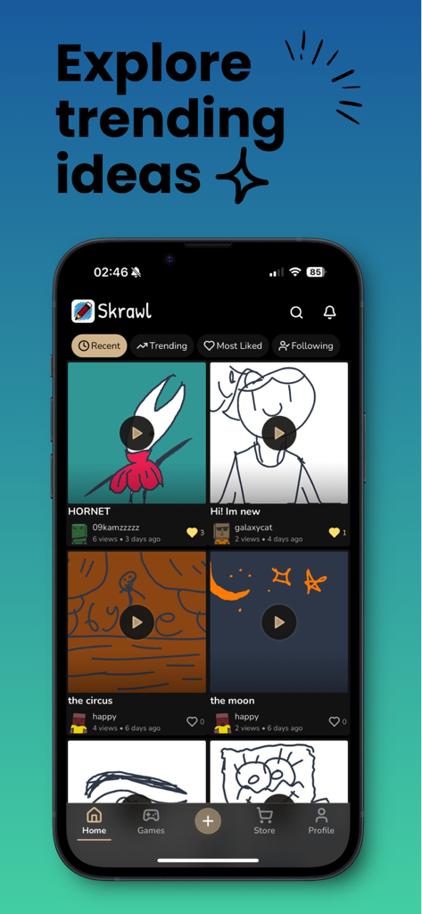 Skrawl – Draw, Guess & WIN! - Interfaz de la aplicación Skrawl que muestra un feed de la comunidad de dibujos de usuarios de tendencia y repeticiones de video.
