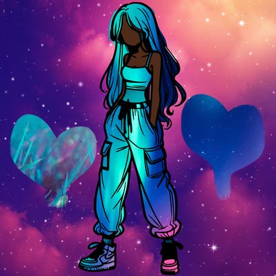 girl in baggy pants crop top and long hair