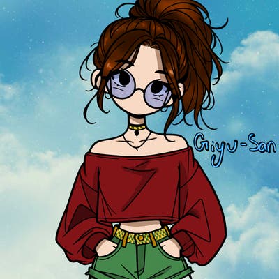 girl with a messy ponytail glasses a baggy crop top and jean shorts