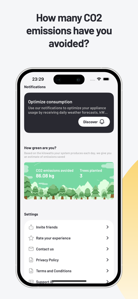 Kilowatt Solar Energy Forecast - Captura de pantalla de la aplicación Kilowatt que muestra las emisiones de CO2 evitadas y el número equivalente de árboles plantados