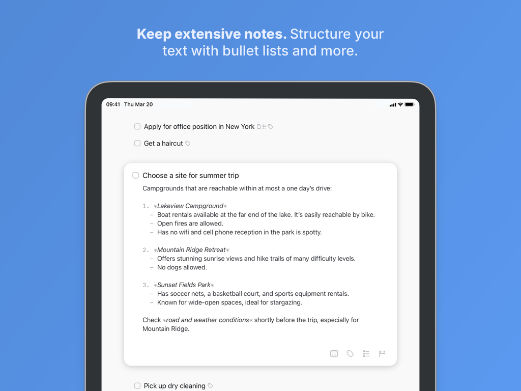 Une tâche dans Things 3 pour iPad affichant des notes détaillées structurées avec des listes numérotées et à puces.