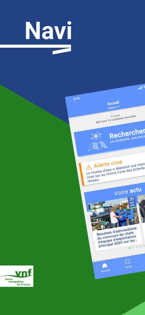Écran d'accueil de l'application Navi montrant les outils de navigation et les alertes fluviales pour les canaux de France.