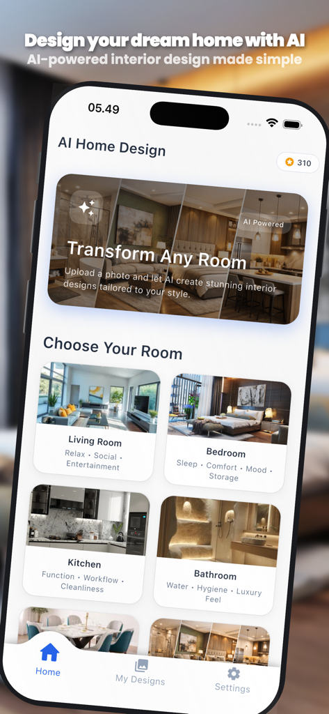 AI Home Design  Interior Decor - AI Home Design app interface showing options to transform living room bedroom kitchen and bathroom interiors.