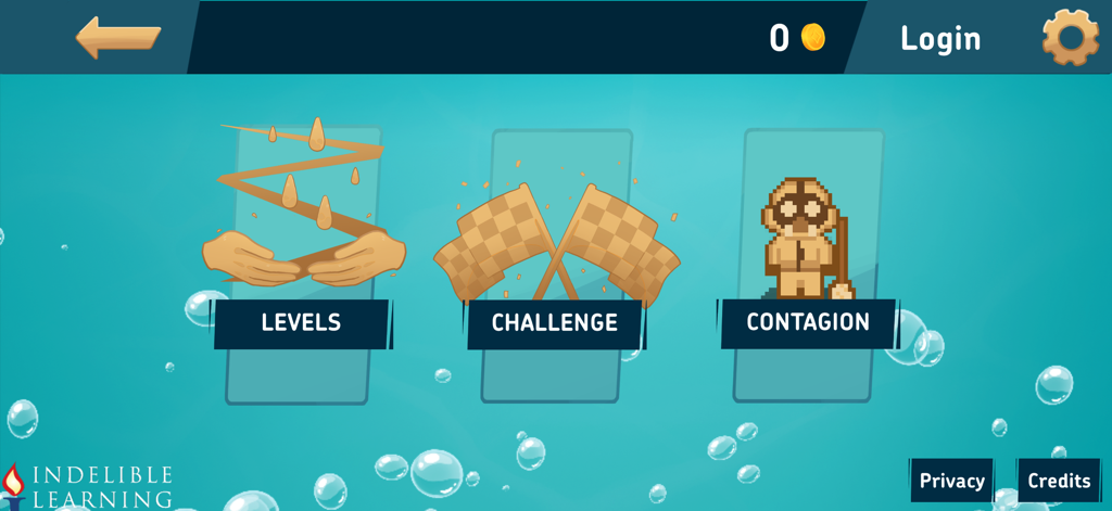 Hand Washing Trainer - Main menu of the Hand Washing Trainer app showing game modes for Levels, Challenge, and Contagion.