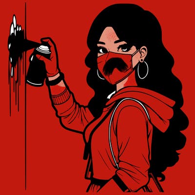 realistic girl with mask spray painting a wall