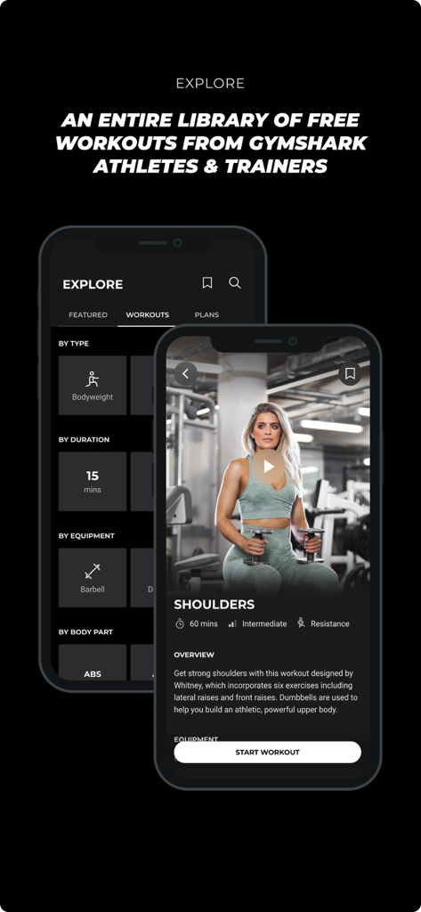 Gymshark Training app interface showing a library of free workouts and a specific shoulder training session led by an athlete.