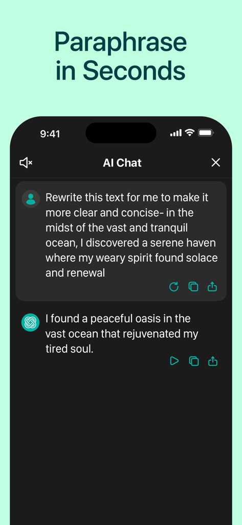 AI Chatbot with Сhat - Chatrun - Chatrun app interface demonstrating the AI paraphrase feature by rewriting a sentence for clarity