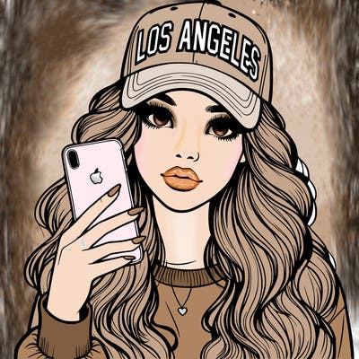 realistic beautiful girl wearing los ángeles cap holding an iphone