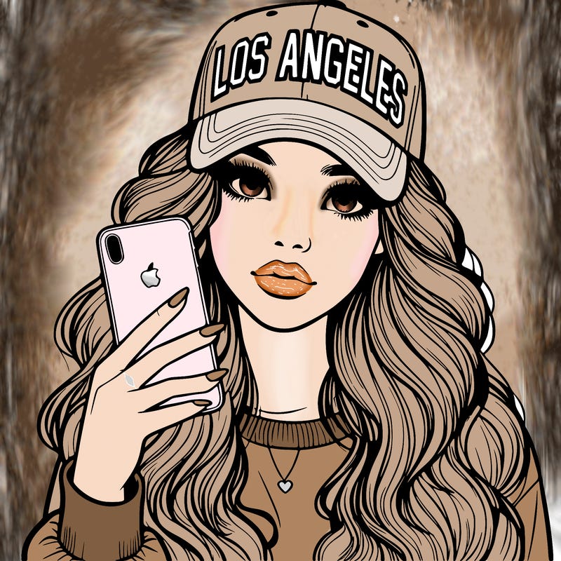 realistic beautiful girl wearing los ángeles cap holding an iphone
