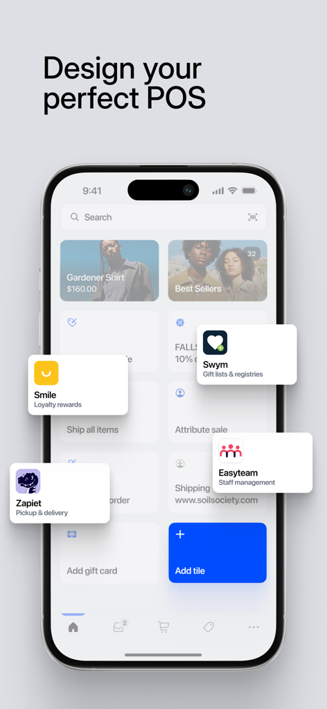 Shopify POSアプリのインターフェース。ロイヤルティ特典と配送統合のためのタイルを備えたカスタマイズ可能なホーム画面が表示されています。