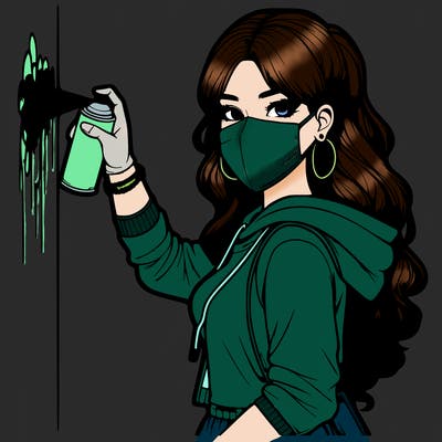 realistic girl with mask spray painting a wall