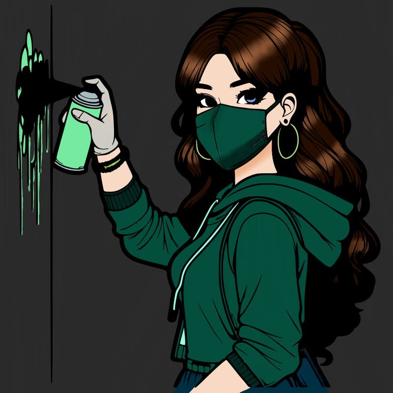 realistic girl with mask spray painting a wall