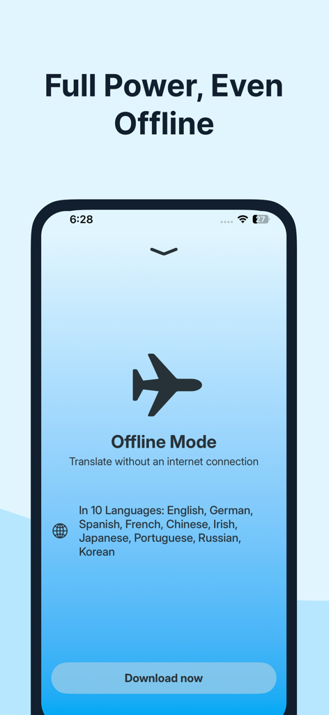 Voice Translator - Mediator - 열 가지 주요 언어를 지원하는 오프라인 모드 기능을 보여주는 음성 번역기 메디에이터 앱 인터페이스