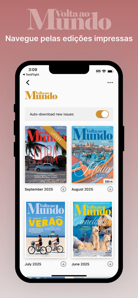 Volta ao Mundo - A smartphone displaying the Volta ao Mundo app screen with various monthly travel magazine covers like Cuba and Malta.
