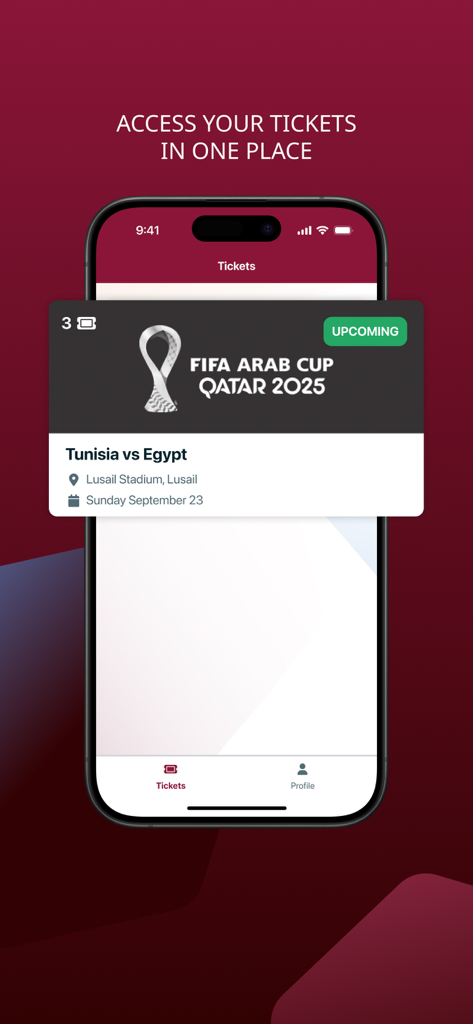 Digitales Ticket für das Spiel Tunesien gegen Ägypten im Rahmen des FIFA Arab Cup, angezeigt auf einem Smartphone