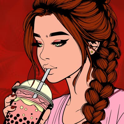 realistic girl drinking boba tea with braided hair