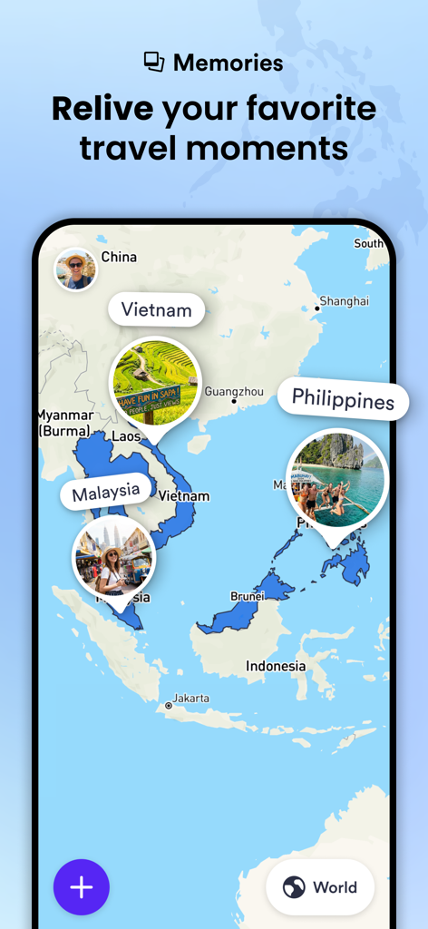 A screenshot of the Skratch app showing a travel map of Southeast Asia with photo pins and memories.