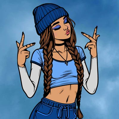 realistic teenage girl with braids and a beanie and crop top doing 🫶🏼
