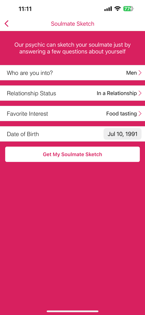 Interfaz de la aplicación móvil Boceto de Alma Gemela que muestra campos para detalles personales y preferencias de relación