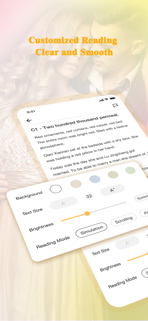 EasyNovel - EasyNovelアプリのインターフェースに、ロマンチックなストーリー抜粋の背景色、文字サイズ、明るさのカスタマイズされた読書オプションが表示されています。