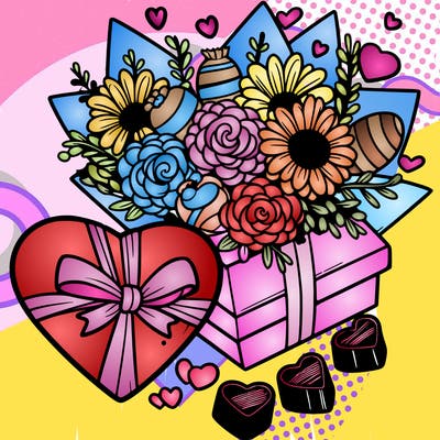 a heart flowers, and chocolates