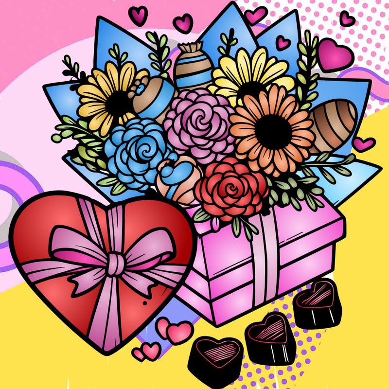 a heart flowers, and chocolates