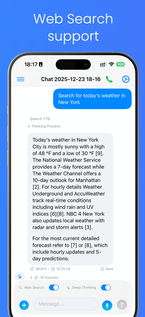 AnyLLM - AnyLLM app interface showing real-time web search results for a weather query with cited sources and deep thinking mode enabled.