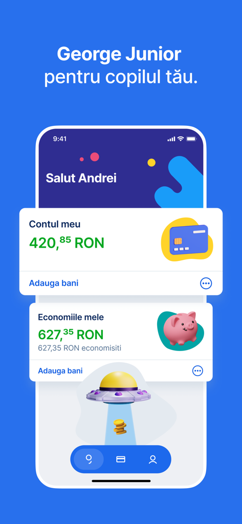 George Romania - Interface de l'application bancaire mobile George Junior pour enfants montrant le solde du compte et les économies avec des graphiques ludiques