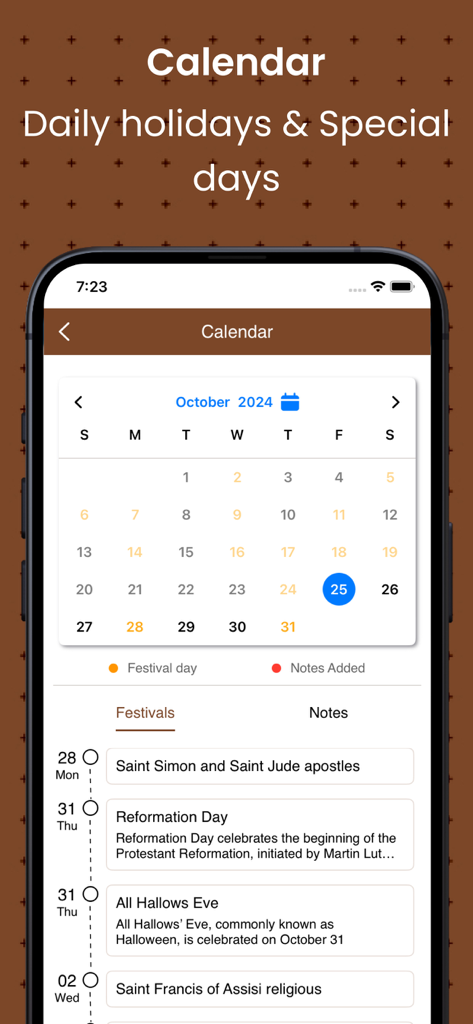 Calendar view in the Simple English Bible app displaying daily religious holidays and special days.