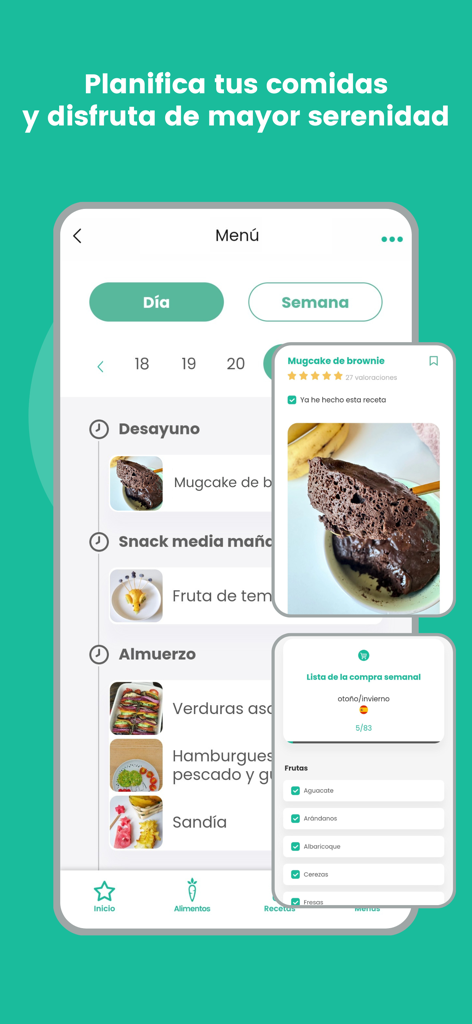 Interface de la app Peque Ideas mostrando un planificador de comidas infantiles y una lista de la compra semanal
