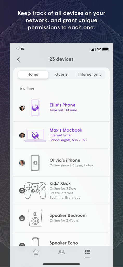 Flow Wi-Fi+ - Painel do aplicativo Flow Wi-Fi plus mostrando uma lista de dispositivos conectados e configurações de controle parental.