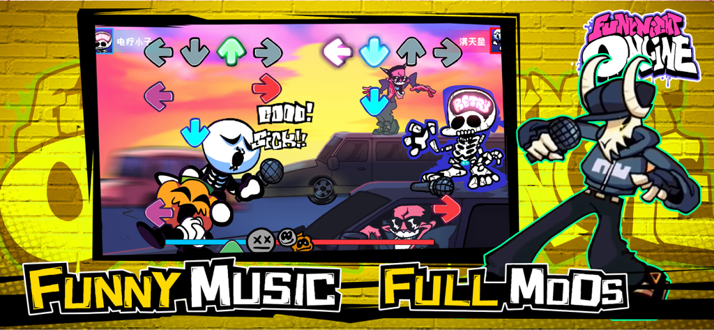 FNF PvP - Pantalla de juego del juego de ritmo FNF PvP con personajes y flechas de música.