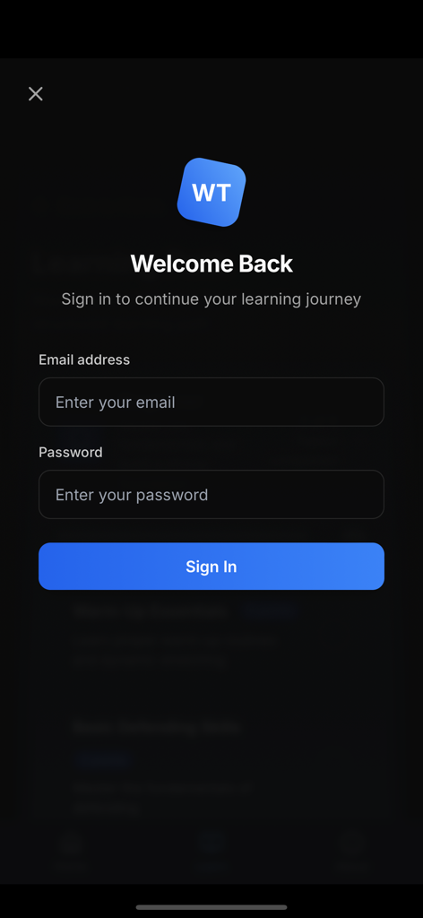 Winbox Tactics - Pantalla de inicio de sesión para la app de entrenamiento de fútbol Winbox Tactics mostrando campos para introducir correo electrónico y contraseña